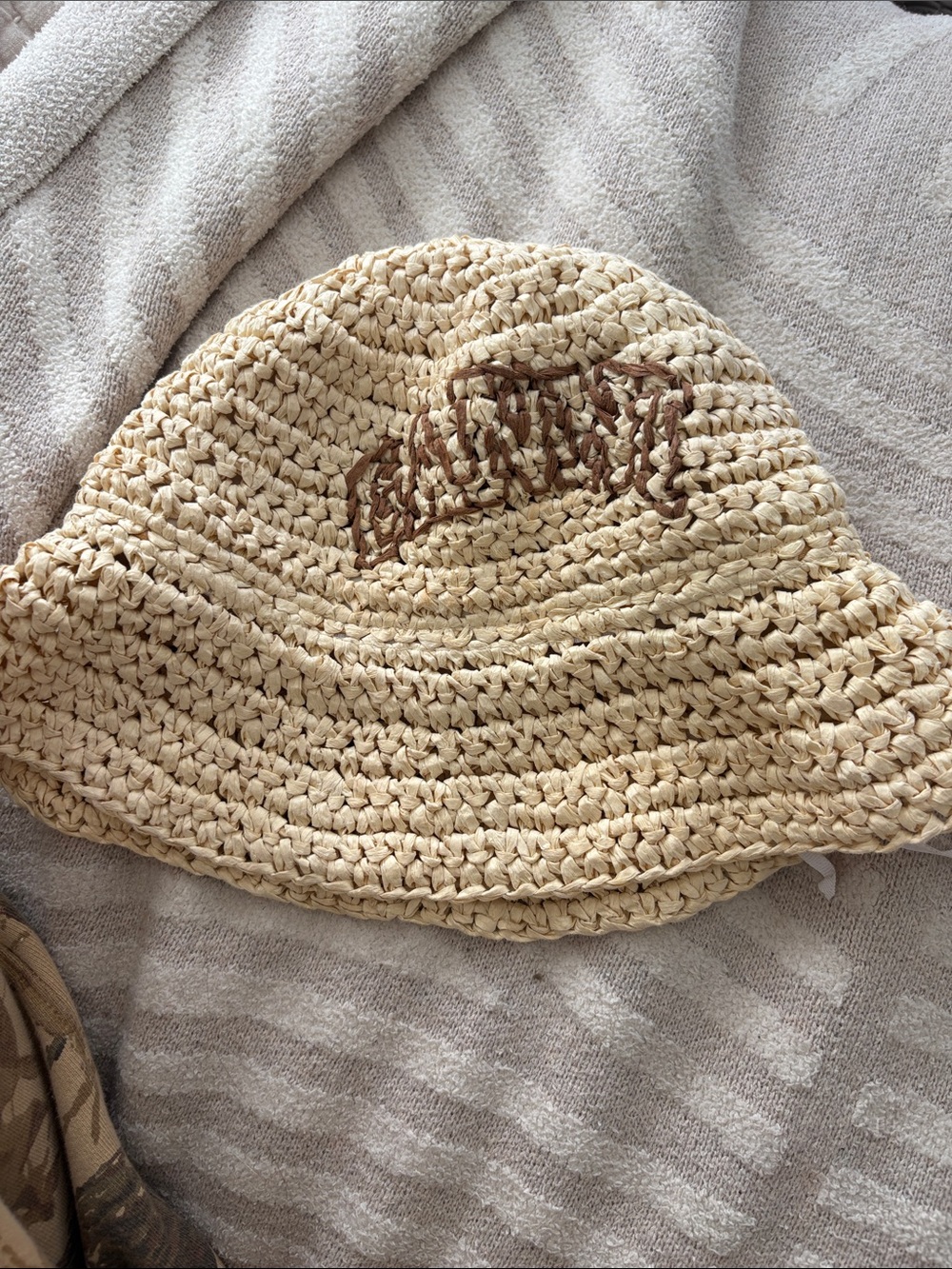 Ganni Cream Crochet Bucket Hat with Brown Embroidery
